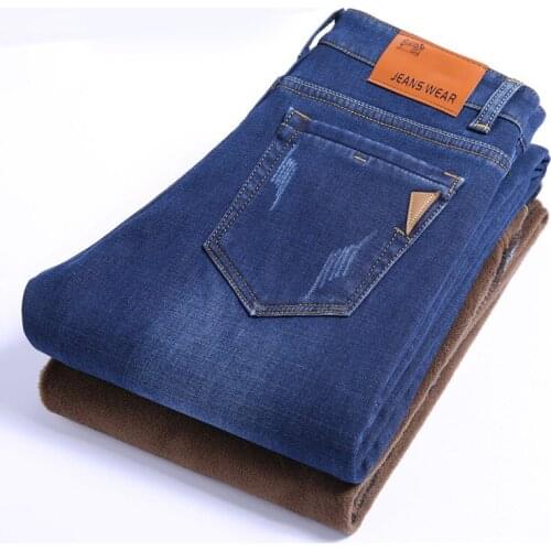 2020 Winter Warm Fleece Business Fashion Thicken Denim Trousers Stretch Jeans Mens Plus Size 40