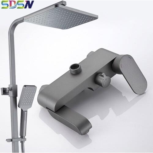 Hot and Cold Shower Set Painted Bathroom Shower System Spa Rainfall Faucets Deep Grey Rotatble Shower Faucet Square Tube