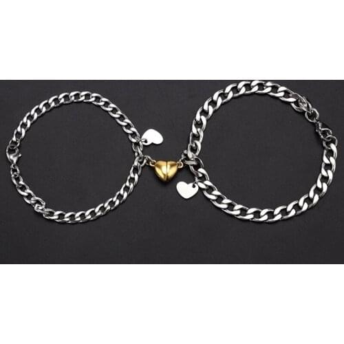 Q39C Stainless Steel Cuban NK Love Magnet Titanium Steel Couple Bracelet Gold Heart-Shaped Magnet Bracelet for Women Men