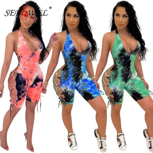 SEBOWEL Sexy Womens Tie Dye Backless Short Jumpsuit Halter Neck Playsuit Female Club Party Low Up Hollow Out Bandage Rompers