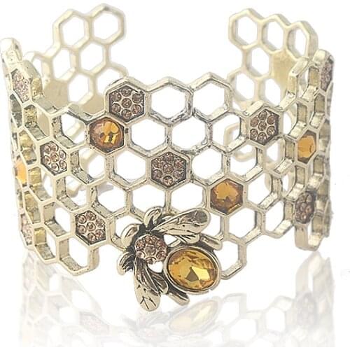 Exaggerated Bee Honeycomb Cuff Wide Bangle Bracelet Gold Adjustable Beehive Bangles For Women Fashion Party Jewelry
