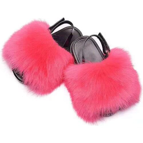 New Summer Baby Toddler Girl Faux Fur Shoes PVC Anti-slip Fake Fur Slides With Strap Fur Slippers Children Fluffy Sandals Kids