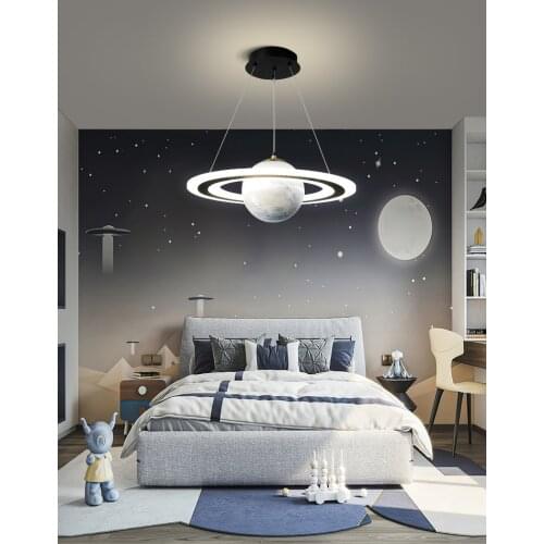 Modern LED Chandelier Room Light Boy Simple Bedroom Light Creative Cartoon Colored Round Glass Space Planet Room Light