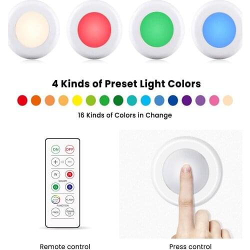 LED Closet Lights RGB Wireless LED Puck Lights 16 Colors Under Cabinet Lighting With Remote Control