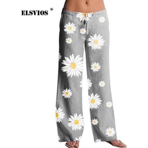 Daisy Print Womens Casual Wide-Leg Pants 2021 Spring Summer Pocket Tie-Dye Yoga Sports Trousers Loose Belt Female Street Slacks