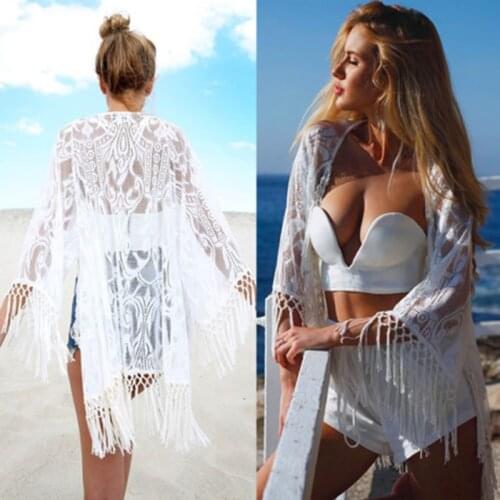 Women Bikini Tops Summer Beach Blouse Lace tunic Hollow Out Crochet Tassel Robe Cover Up Kimono Cardigan Swimsuit