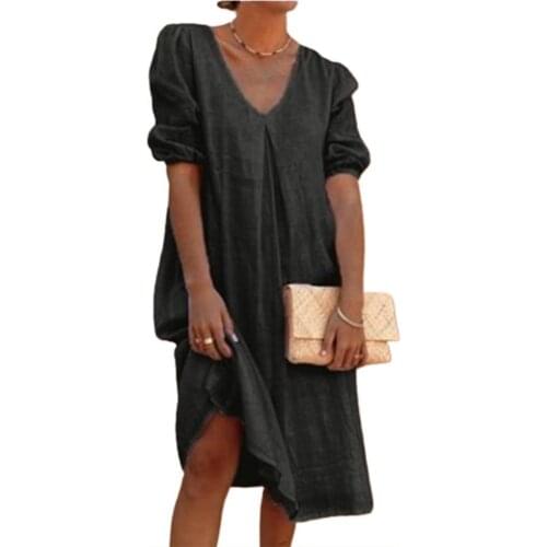 Women Summer Comfortable Dress V-Neck Mid-Calf Puff Half Sleeve Solid Color Women Midi Dress Streetwear for Holiday