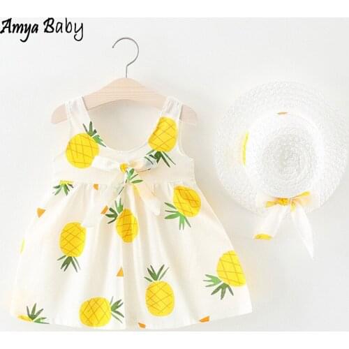 2020 Baby Girl Summer Dresses Sleeveless Pineapple Print Bow First Birthday Dress Infant Clothes Easter Baby Girl Dress With Hat