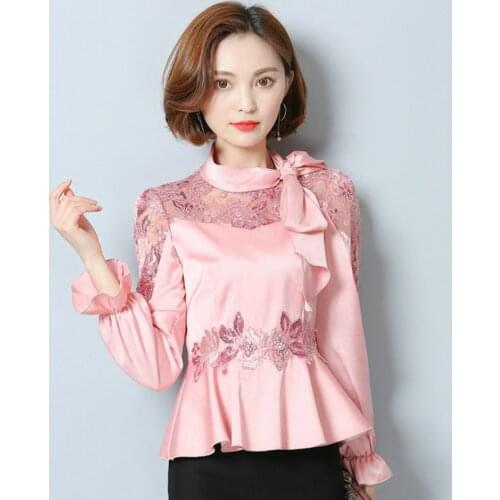 Spring Fall Fashion Women Ladies Lace Patchwork Bow Long Sleeve Ruffle Blouse Top , Korean Womens Female 3xl Tops And Blouses