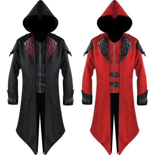 Gothic Punk Black Long MenS Fashion Coat Windbreaker Gothic Style Jacket MenS Retro Halloween Jacket Hooded Sweatshirt пальто