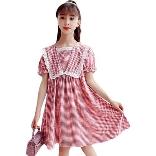 Kids Dresses For Girls Plaid Pattern Girls' Dresses Lace Kids Dresses Summer Girls Costumes Kids 6 8 10 12 14
