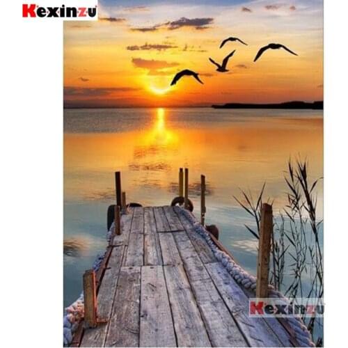 Kexinzu Diamond Painting Sunset Bird Pier Full circular Diamond Embroidery Embroidery DIY 5D Diamond Home decoration K00445