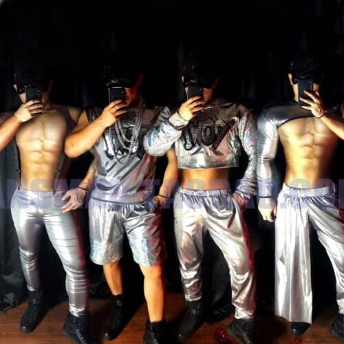 Silver Technology Style Party Suit Male Sexy Gogo Costume Rave Outfit Nightclub Stage Performance Wear Festival Clothing XS2574