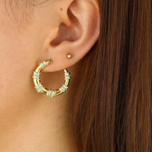Big horn crescent moon stud earring Gold color blue turquoises stone geometric round circle earrings
