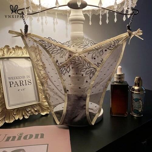 Summer cross thin belt hollow European and American sexy underwear womens lace transparent mesh embroidery seamless briefs new