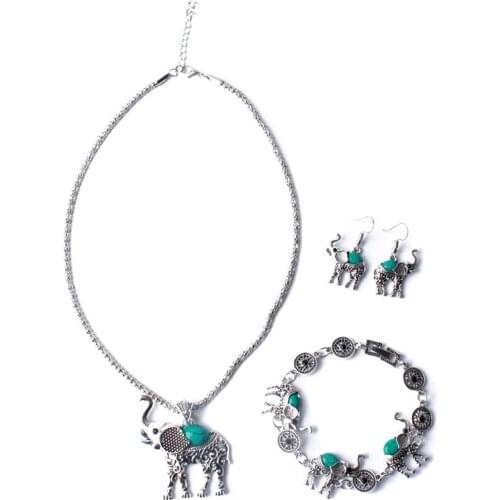 Fashion Green African Jewelry Sets For Women Vintage Silver Color Elephant Pendant Necklace Earrings Bracelets Jewellery Gift