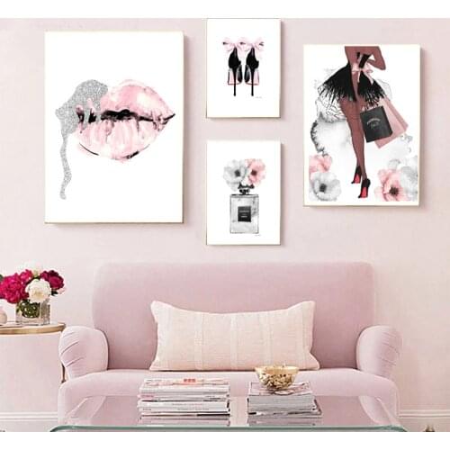 Nordic Style Printing Fashion Art Poster Woman High Heels Aromatic Lip Gloss Canvas Painting Living Room Modern Decorative Mural
