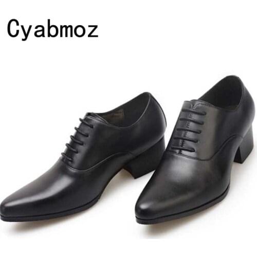 Mens pointed toe lace up high heels fashion oxford shoes genuine leather party wedding dress shoes men height increase man shoes