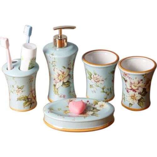 Bathroom Accessories Set Lavatory Ceramic Soap Dispenser Soap Dish Toothbrush Holder Wedding Gifts Hand-drawn Five-Pieces Set