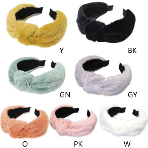 Women Winter Fluffy Plush Wide Headband Solid Candy Color Twist Knot Center Hair Hoop Casual Makeup Wash Face Headdress