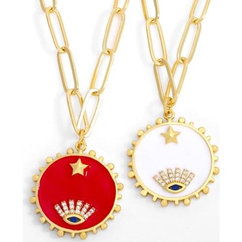 FLOLA Gold Link Chain Evil Eye Necklace Copper White Stone Long Enamel Necklace For Women Wholesale Jewelry nkew27