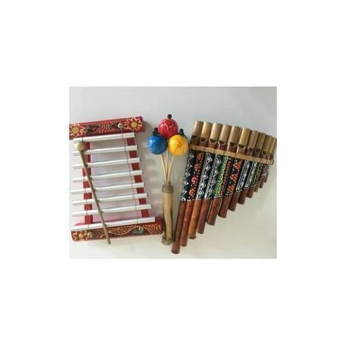 Authentic musical instrument set maracas panpipes and metalafon, Average length 25 cm. Handmade, patterns vary