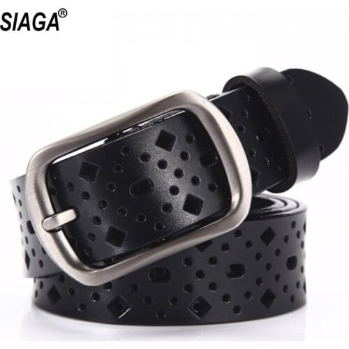 Ladies Alloy Hollowed Quality Cow Genuine Leather Belts Girls Woman Casual Black Belt for Women Jeans 3.3cm Wide AK026