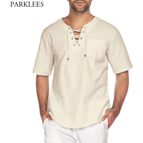 Summer Short Sleeve Linen Shirts Men Fashion Lace Up Casual Beach Shirts Mens Lightweight Breathable Top Blouse Chemise Homme