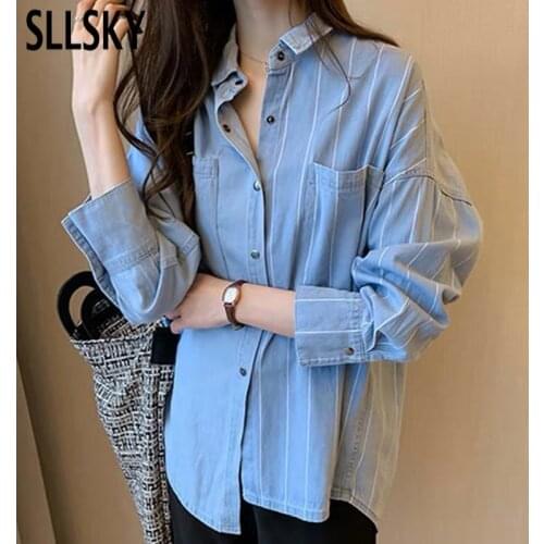 SLLSKY Blue Striped Irregular Women Shirt 2020 Spring New Casual Loose Long Sleeve Turn-down Collar Shirt Tops Plus Size 4XL