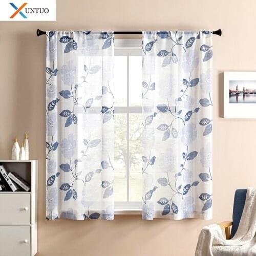 XUNTUO Modern Short Sheer Curtains for Living Room Bedroom Child Kids Room Print Leaves Tulle Kitchen Window Treatment Drapes