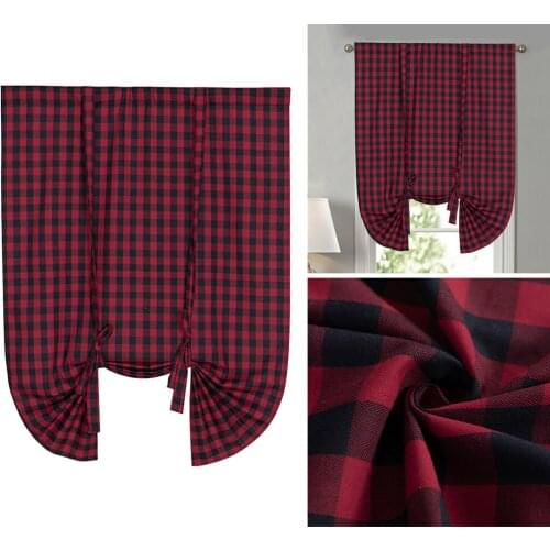 Buffalo Check Tie Up Curtains for Windows - Rod Pocket Semi Sheer Light Reducing Kitchen Valance Curtains, 42 x 63 Inches