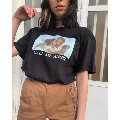 HAHAYULE-JBH Call Me Angel Letter Painting Women Tumblr Fashion Cute T-Shirt Summer Casual Short Sleeves Tee