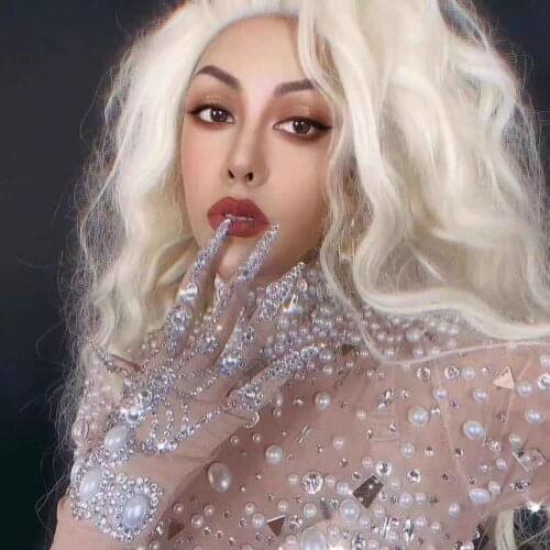 Luxurious Rhinestone Pearls Gloves Women Sparkly Crystal short Gloves Dancer Singer Nightclub Stage Performance Show Accessories