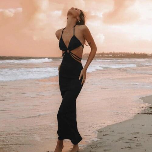 Women Fishtail Halter Dress Adults Summer Tie-up Solid Color V-neck Cutout