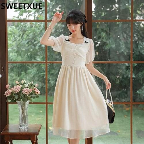 SWEETXUE Sweet Kawaii Dress 2021 Women Summer Vintage Square Collar Bow Chiffon Jacquard Korean Chic Party Dress Female Vestido