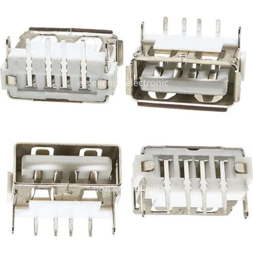 10PCS USB socket 2.0 type A female 10.0mm short body 90 degrees 4 feet with curling 6.3H