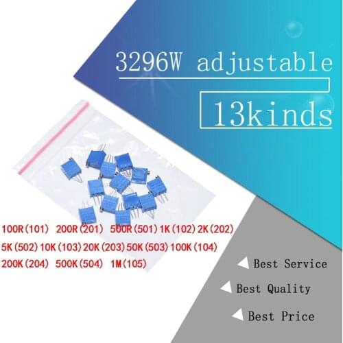 13kinds*1PCS=13PCS 3296W adjustable potentiometer Kit contains 100R 200R 500R 1K 2K 5K 10K 20K 50K 100K 200K 1M