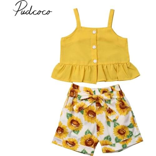 2019 Baby Summer Clothing Toddler Baby Girl Clothes Yellow Sunflower Sleeveless Vest Tops+Shorts Bottoms Outfits Sunsuit 1-6Y