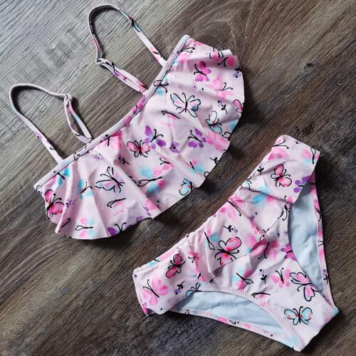 2021Girls Swimsuit Flounce Two Piece Childrens Swimwear Butterfly Print Girl Bikini Set 7-14 Years Girl Bathing Suit Beachwear