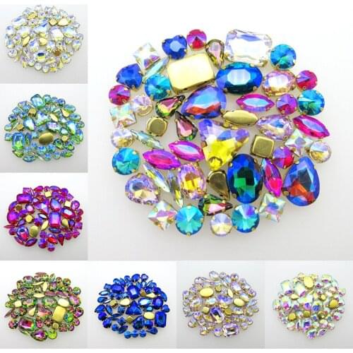 50pcs/pack Mix shape 13 AB colors gold claw colorful glass crystal sew on rhinestone for wedding dress shoes bags diy decoration