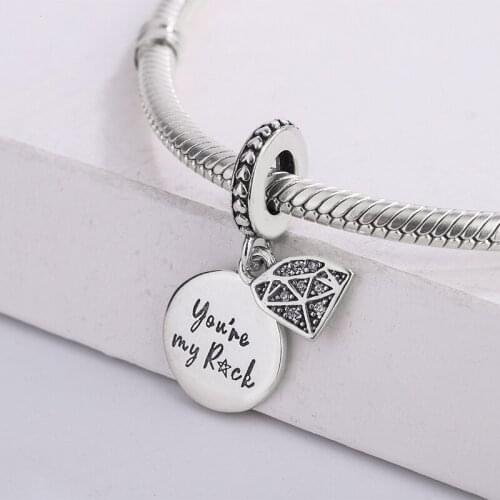 925 Sterling Silver You Are My Rock Dangle Charms Cubic Zirconia Pendants Charm Bracelet DIY Jewelry Making For Pandora