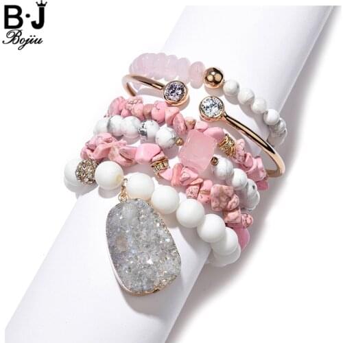 BOJIU 2021 Fashion Natural Stone Bracelets Set For Women New Statement Jewelry Agates Crystal Wood Beads Bracelet Femme BCSET317