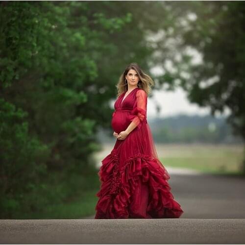 Burgundy Maternity Gown for Photoshoot Kimono Tiered Ruffled A Line Evening Gowns Puffy Tulle Long Sleeves Cloak Maternity Dress