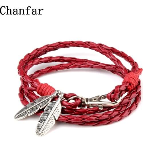 Chanfar Fashion Leather Wrap Bracelet Charm Friendship Feather Bracelet & Bangle For Women Men Gift Jewelry
