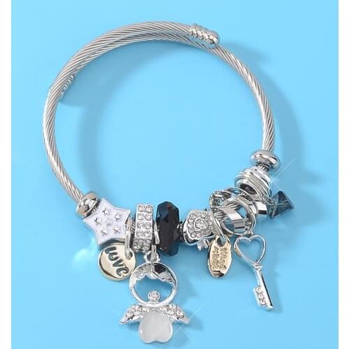 Brazalete Mujer Stainless Steel Bracelet Bangle Women Accessories Charms Opal Angle Carved Letter Love Cuff Armband Jewelry 2019