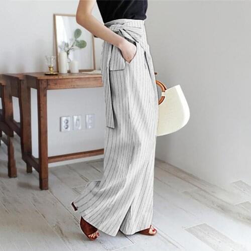 Fashion Casual Women Pants Stripes Wide Leg Slacks Women High Waist Pockets Bandage Trousers pantalon pour femme брюки женские