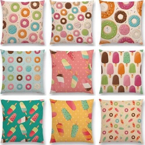 Double Colorful Prints Cushion Cover Chocolate Candy Donuts Pretty Ice Cream Pattern Party Sofa Throw linen Pillow Case Decor