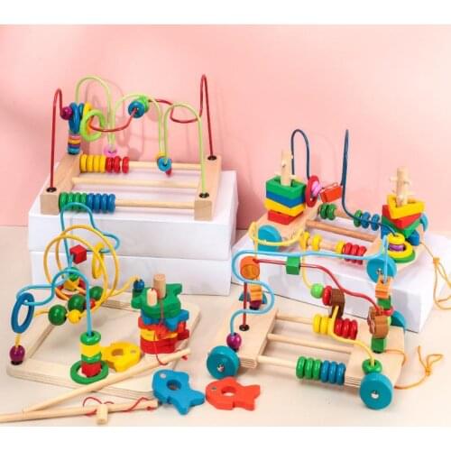 Wooden Fun Animal Abacus Big Round Bead Wisdom Column Preschool Baby Magnetic Fishing Montessori Educational Training Toys