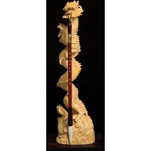 Boxwood Carving Chinese Real Wood Dragon Head Brush Hanging Statue Handicraft Auspicious Dragon Pen Frame Sculpture Home Decor