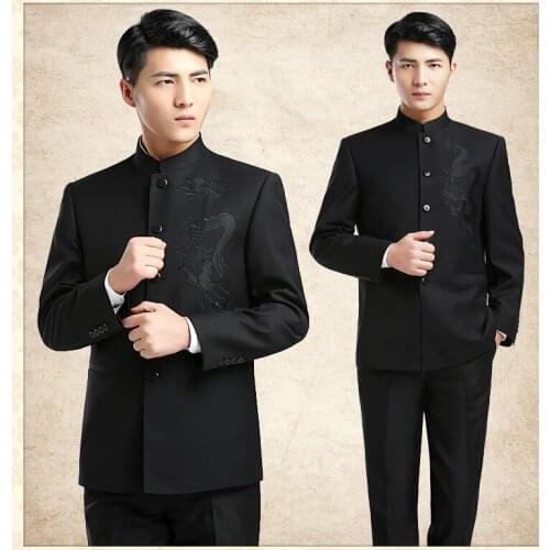 Chinese Zhongshan Suits Jacket + Pants mens embroidered dragon totem Stand collar clothing fashionable version Wedding Suits